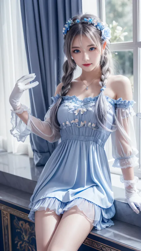 (Image above),Dynamic Angle,Very detailed, shape, straight, 1 person, (Fantasy:1.4), (Bright Blue Eyes:1.233),Her eyes shone like dream-like stars,(Glowing Eyes:1.233),(Beautiful and delicate eyes:1.1),(Silver Hair:1.14),(Messy Hair,Very long hair,French B...