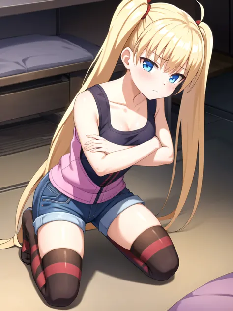(masterpiece, Best Quality:1.2), absurdities, perfect anatomy, owtech, stylized, 1 girl, full body, looking at the viewer, blunt bangs, ( Denim shorts:1.1), Focus only, Soft lighting, (blue eyes), blonde hair, very long hair, twintails, Airi Akizuki, mediu...
