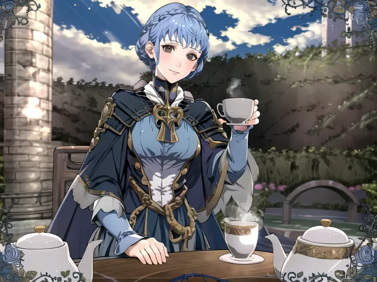 masterpiece, best quality, 1girl, smile, solo, looking at viewer, cup, table, food, teapot, outdoors, sitting, sky, clouds, suns...