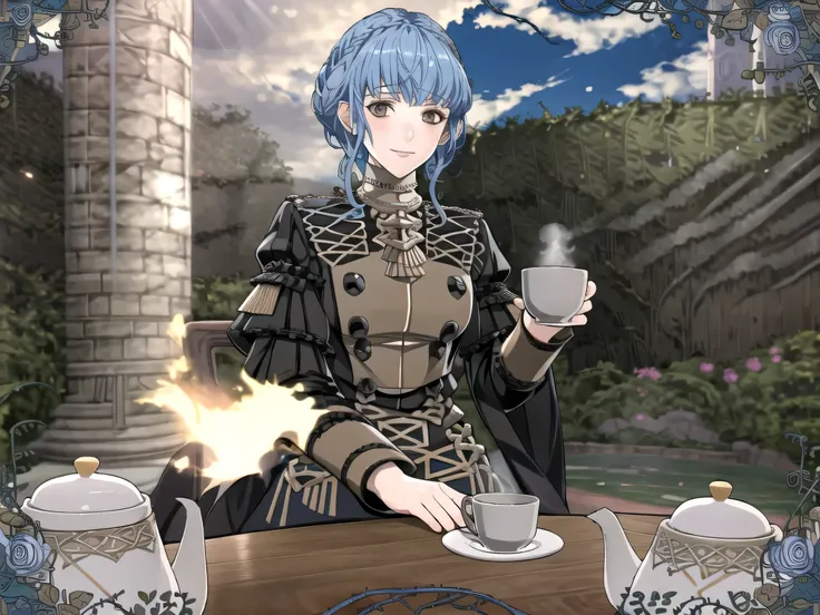 masterpiece, best quality, 1girl, smile, solo, looking at viewer, cup, table, food, teapot, outdoors, sitting, sky, clouds, suns...