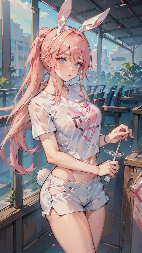 Young woman, , bunny ears, Blue eyes, pink hair, pulled back into a ponytail, White shorts, oversized pink t-shirt, sports, в sports зале, against a barbell, covered chest, rod, emphasis on the face, quality face, Beautiful face, HD