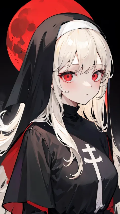 A detailed portrait of a blonde nun with red eyes. She is wearing a traditional black and white nuns habit. Her expression is calm with a slight smile. Behind her, there is a large red moon in a dark background with faint smoke drifting around. The overall...