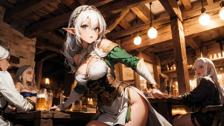 sexy elf woman with white hair and long leg, wearing medieval dress, drinking beer at medieval tavern with crowd people, there having fun.