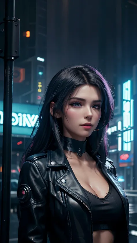 Beautiful woman smoking a cigarette wearing a cyberpunk black leather coat, neon city, intricate details, very detailed, 8k, realistic, dramatic lighting, cinematic, capricious, neon lights, rainy street, futuristic, dark, science fiction, Synthwave, Stron...