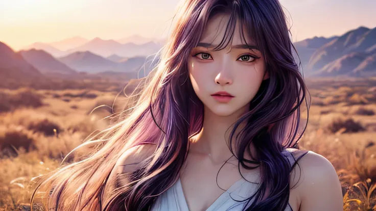 high quality,1 girl，long hair, Super detailed CG illustration of a young woman with a calm expression, Stare into the distance，His striking dark purple hair blew gently in the desert breeze. The landscape behind him is vast and stunning, Taking viewers int...