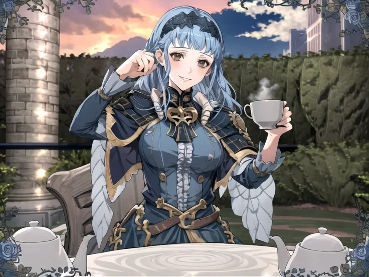 masterpiece, best quality, 1girl, smile, solo, looking at viewer, cup, table, food, teapot, outdoors, sitting, sky, clouds, sunset, BREAK masterpiece, best quality, marianne_hopes, long hair, blue dress, capelet, hairband, upper body, looking at viewer, so...