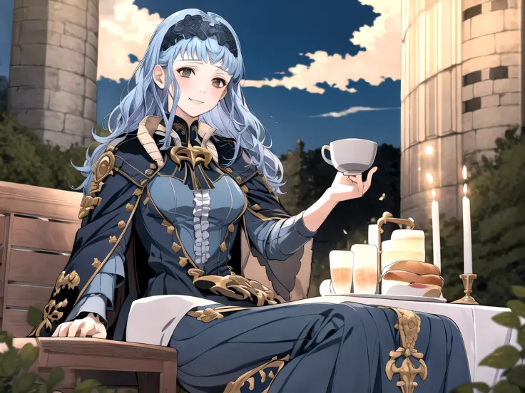 masterpiece, best quality, 1girl, smile, solo, looking at viewer, cup, table, food, teapot, outdoors, sitting, sky, clouds, suns...