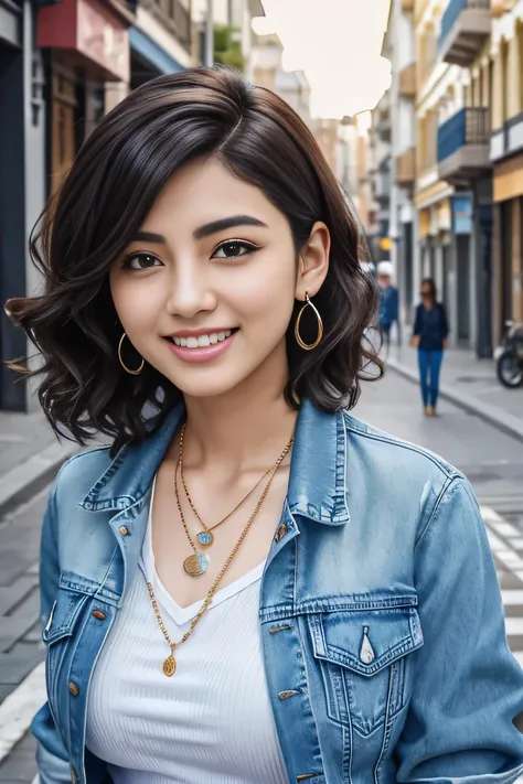 Super Resolution、Beautiful Iranian women、、short hair、、Wavy Hair、、ear piercing、necklace、Denim jacket、shirt、smile、Beautiful teeth alignment、The background is a city street.
