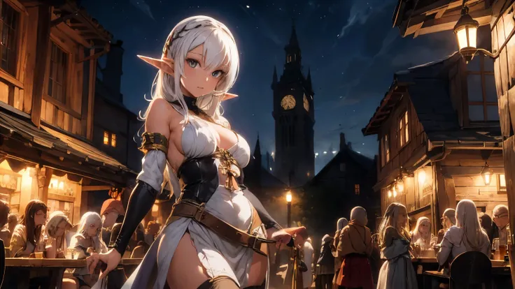 sexy elf woman with white hair and long leg, wearing medieval dress, drinking beer at medieval tavern with crowd people, there having fun.