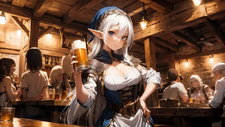 sexy elf woman with white hair and long leg, wearing medieval dress, drinking beer at medieval tavern with crowd people, there having fun.