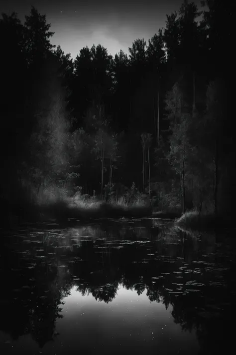 Photographer Elena Helfrecht Styles - Black and white photo of a forest pond at night