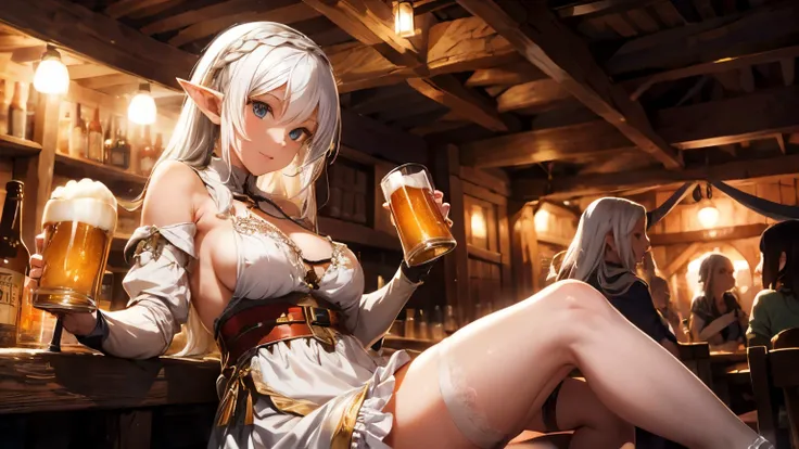 sexy elf woman with white hair and long leg, wearing medieval dress, drinking beer at medieval tavern with crowd people, there having fun.