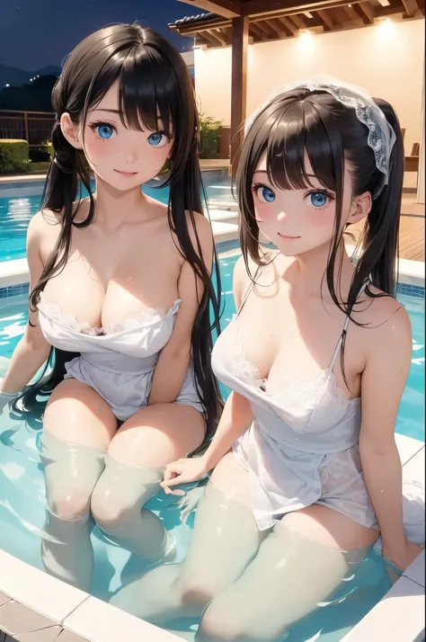 ((masterpiece)), ((highest quality、Ultra high definition)), (Very detailed),((8k、Photo quality))、((Amazingly cute girl))、(16-year-old girl,)、Two people, , (Beautiful emerald blue eyes), ((smile)),((A luxurious Japanese-style open-air bath at a high-class h...