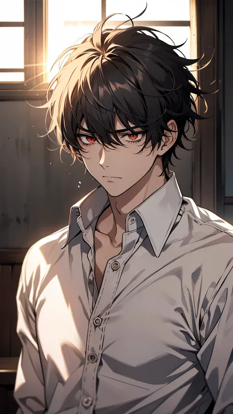 One, male, man, white button down shirt, narrow red eyes, direct facial treatment, Short black disheveled messy hair length, sun light, warm light, anime style,bored,tired,worried