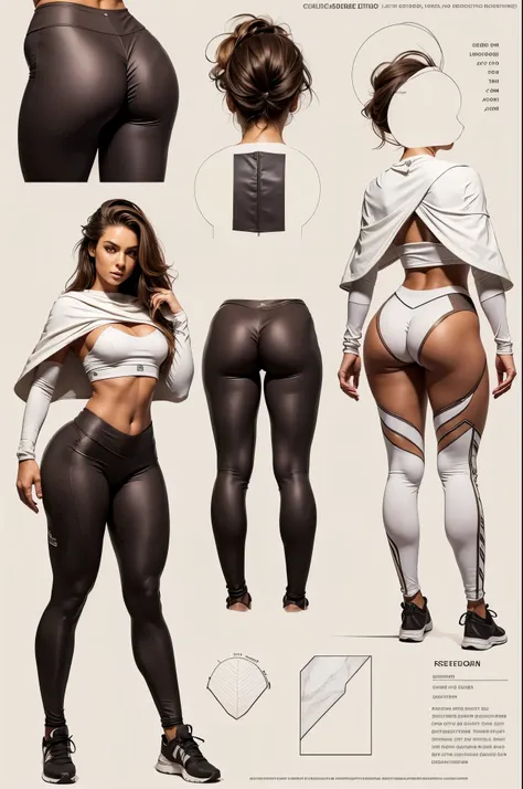 Detailed character sheet, Front view, Side view, Oblique view, with a white returnground, show women, 35 years old, with short dark brown hair combed return, 1 female warrior, Wavy Cape, long flowing hair, (Earth-toned long leggings), Slim figure, Toned th...