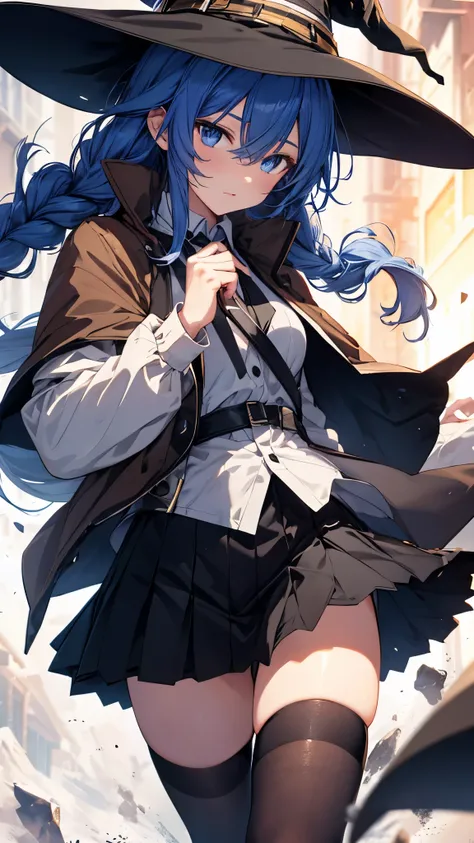 roxy, ahoge, black ribbon, blue eyes, blue hair, braid, hair between eyes, hair ribbon, long hair, twin braids, very long hair,
(Witch Hat:1.3),black legwear, black skirt, capelet, jacket, brown jacket, long sleeves, miniskirt, open clothes, open jacket, p...