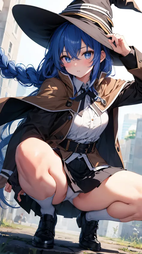 roxy, ahoge, black ribbon, blue eyes, blue hair, braid, hair between eyes, hair ribbon, long hair, twin braids, very long hair,blush,squatting,open legs,
(Witch Hat:1.3),black legwear, black skirt, capelet, jacket, brown jacket, long sleeves, miniskirt, op...