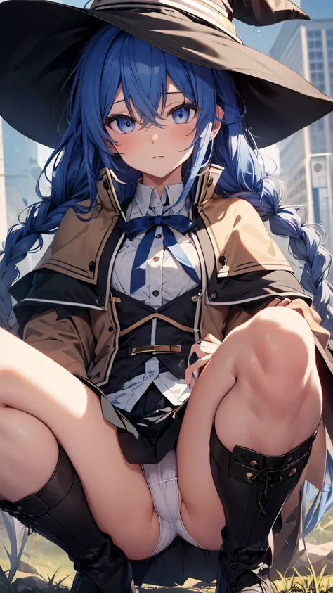 roxy, ahoge, black ribbon, blue eyes, blue hair, braid, hair between eyes, hair ribbon, long hair, twin braids, very long hair,blush,squatting,open legs,
(Witch Hat:1.3),black legwear, black skirt, capelet, jacket, brown jacket, long sleeves, miniskirt, op...