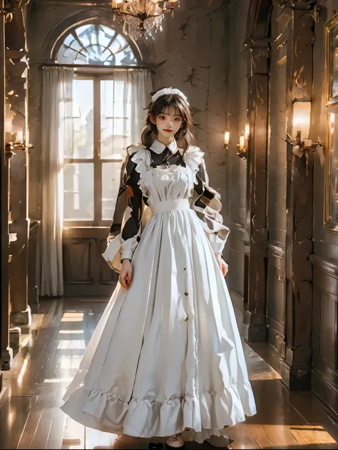 masterpiece、highest quality、high resolution、photorealistic、high resolution、raw photo、(a maid standing in the hallway of a luxuri...