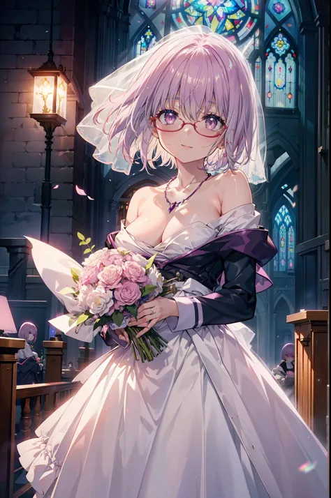 akaneshinjou, shinjou akane, Light purple hair, (Pink Eyes:1.2), short hair,smile,Red-rimmed glasses,blush,Big Breasts,Off-the-shoulder white wedding dresses,Wedding white long skirt,necklace,Veil,Holding a bouquet of flowers with both hands,Stained glass,...