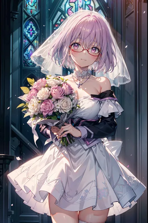 akaneshinjou, shinjou akane, Light purple hair, (Pink Eyes:1.2), short hair,smile,Red-rimmed glasses,blush,Big Breasts,Off-the-shoulder white wedding dresses,Wedding white long skirt,necklace,Veil,Holding a bouquet of flowers with both hands,Stained glass,...