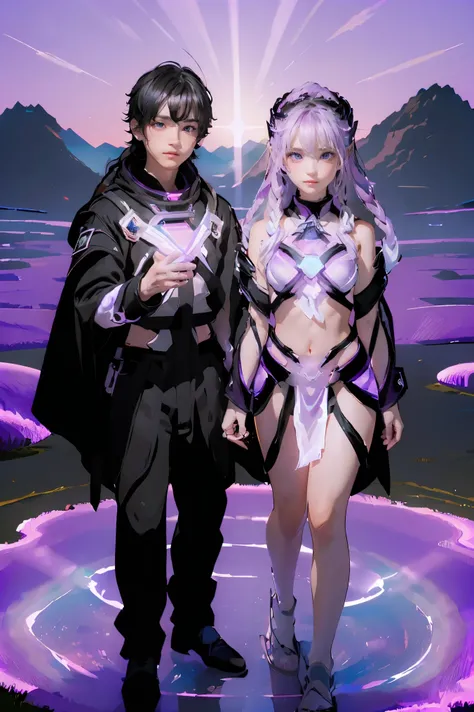 ((masterpiece, best quality, extremely detailed), volumetric lighting, ambient occlusion, colorful, glowing), (((a boy and a girl))), (purple white gradient long hair),  halo, aura, sacred, goddess,, (black outfit:1.3), 
outdoors, sunset, sky, clouds, spac...