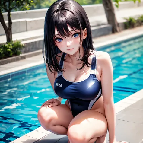 ((masterpiece,best quality,ultra detailed,high resolution)),(daytime,clear weather,bloom),((solo)),(beautiful-woman),(black hair,straight hair,medium hair),(beautiful detailed face,beautiful detailed eyes,fair skin),light smile,(competition swimsuit,navy s...