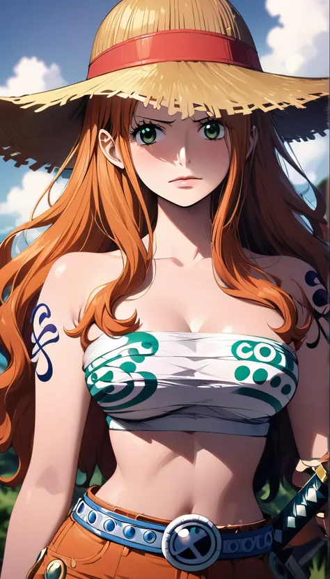 masterpiece, best quality), intricate details, 1 girl, woman, green hair, nami (one piece), (long hair), shirt, white shirt, female focus, clothes, orange colour kimono, sarashi, nature, scenery, upper body, straw hat, ((front view)) ((close up shot)) ((s...