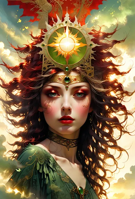 sun rising in the sky with eyes, in the style of intricate art nouveau, dark red and light gold, angela barrett, absinthe culture, religious iconography, hurufiyya, sunrays shine upon it --ar 74:109 --stylize 750 --v 6