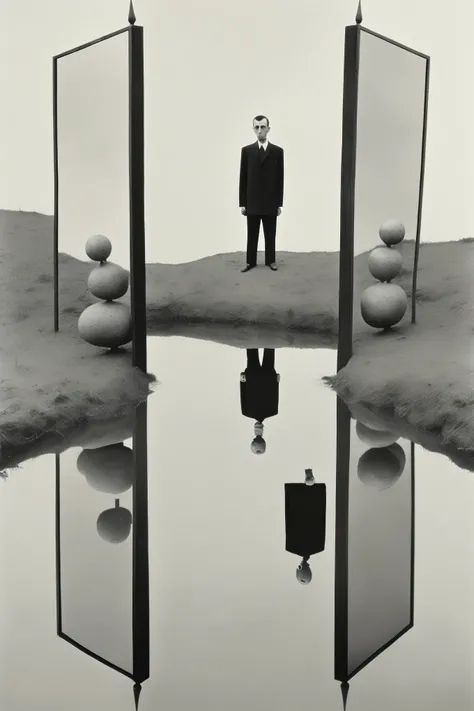 Gilbert Garcin style - Surrealism, Conflict, mirror, Reflection of the soul, A very clear and detailed black and white photograph by Gilbert Garcin