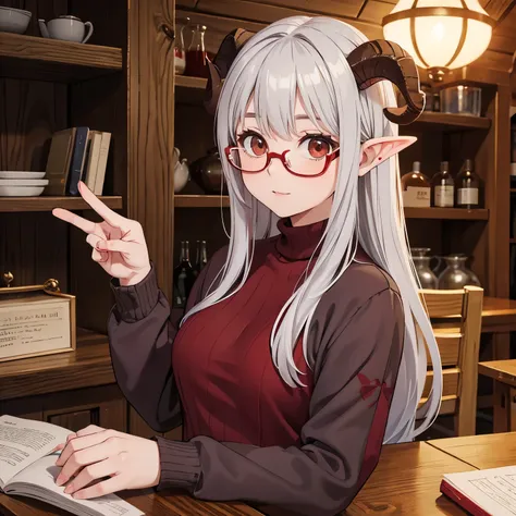 Age 35, Goat horns, Red-rimmed glasses, Gray hair, cute, Pointed Ears, Aunt, Masterpiece, Red turtleneck, Log House