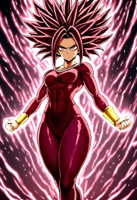 kefla with black hair up, with red top and leggings, one punch man style