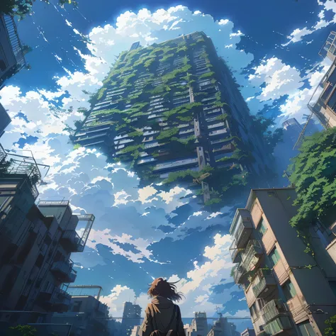 anime - style painting of a woman looking up at a tall building, overgrowth. by makoto shinkai, in style of makoto shinkai, makoto shinkai. high detail, style of makoto shinkai, anime style cityscape, octane render. by makoto shinkai, floating city in the ...