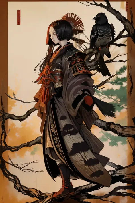 (Highest quality:1.2)。Nocturnal ghosts。One Woman。A crow disguised as a young and beautiful woman。Karasutengu。kimono。Samurai Armor。Carrying a samurais sword on his back。Standing on the branch of a large cedar tree。Background is a bright cedar forest。