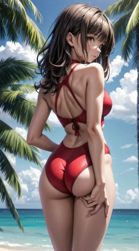 A beautiful girl wearing a red swimsuit, return