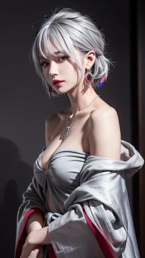 very cool,One person,jewelry,Multicolored Hair,Silver Hair,Gray Hair,alone,necklace,short hair,whole body,Earrings,Red lips,avert your eyes,Exposing shoulders,Look to the side,compensate,lipstick,, Highest quality , masterpiece, figure, Very delicate and b...