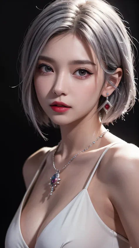 very cool,One person,jewelry,Multicolored Hair,Silver Hair,Gray Hair,alone,necklace,short hair,whole body,Earrings,Red lips,avert your eyes,Exposing shoulders,Look to the side,compensate,lipstick,, Highest quality , masterpiece, figure, Very delicate and b...