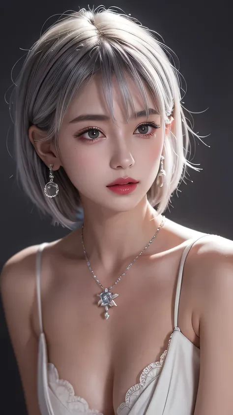 very cool,One person,jewelry,Multicolored Hair,Silver Hair,Gray Hair,alone,necklace,short hair,whole body,Earrings,Red lips,avert your eyes,Exposing shoulders,Look to the side,compensate,lipstick,, Highest quality , masterpiece, figure, Very delicate and b...