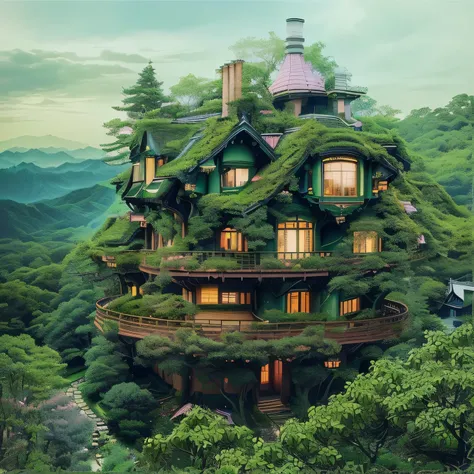 there is a house built on a tree in the middle of the forest, fantasy house, beautiful house on a forest path, house in forest, beatiful house, the house in the forest, faery palace, fairy tale place, nature taking over, amidst of nature fully covered, mag...