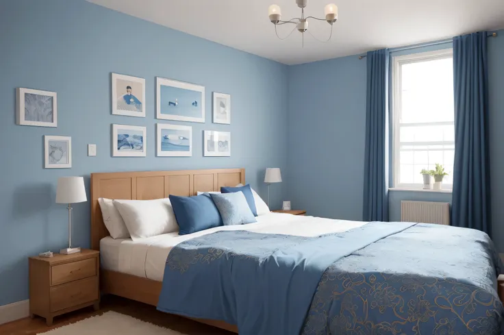 a bed room with a neatly made bed and pictures on the wall, a stock photo, trending on shutterstock, wearing blue jacket, fresh modern style, blue print, over the shoulder view