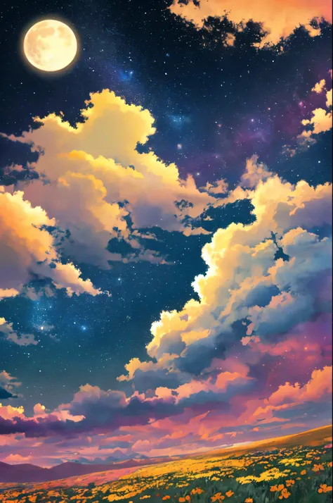 Celestial Meadow Fantasy Wallpaper in 4K quality, ethereal watercolor style, featuring a vast, open meadow under a sky painted with swirling nebulae and distant galaxies, delicate wildflowers glowing softly in the moonlight, and floating islands hovering a...