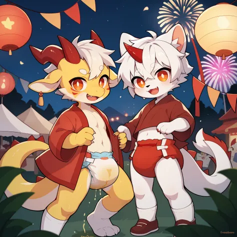 furry，A cute white cat boy，White hair，Orange pupils，Yellow skin，Wearing festive red diapers，Wear short white socks，Wearing a red robe，Red dragon horn，During the Spring Festival，night，fireworks，Red lanterns，Wet diaper，Urine soaked thighs，couplet，one person，...