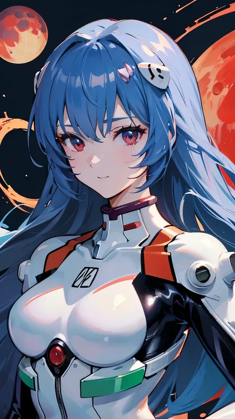 masterpiece、Highest quality, High resolution, high resolution, 8k、one person&#39;s, ayanamirei, long hair,細部までこだわったBeautiful Eyes、 Plug Suit、Interface Headset, Deep red moon、Light blue hair color, 超A high resolution 、(Latex suit)、Degrees of Freedom:1.9、Sup...