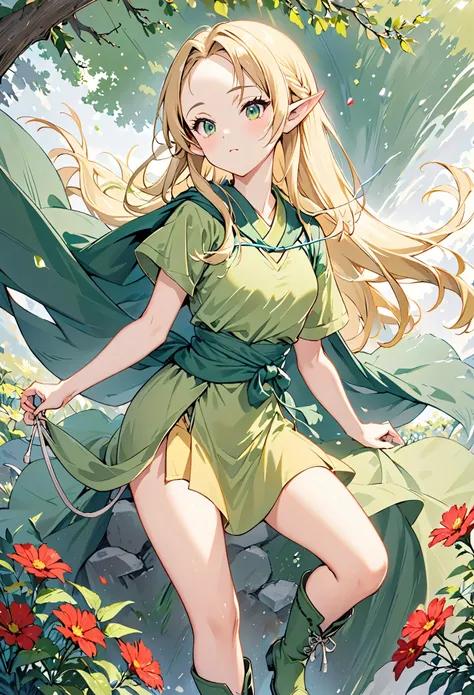 1girl, elf, blonde long hair, ((forehead)), green eyes, yellow-green tunic with short sleeves, green soft boots, green cloak draped around shoulders, bare thighs, slender, , string tied around waist, 