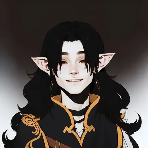 a close-up drawing of a person with long hair, elven character with smile, dnd avatar portrait of halfling, a male elf, a portrait of a male elf, as a dnd character, young half-elf wizard, young male shadow wizard, dnd retrato de um tiefling, inspired in k...