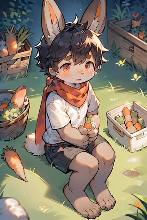 Dwarf Rabbit Boy，Bunny ears，Furry boys，Infant and child characteristics，White skin，White Arm，Little Feet，Red pupil，scarf，Short sleeve，shorts，vegetable garden，Carrot pile