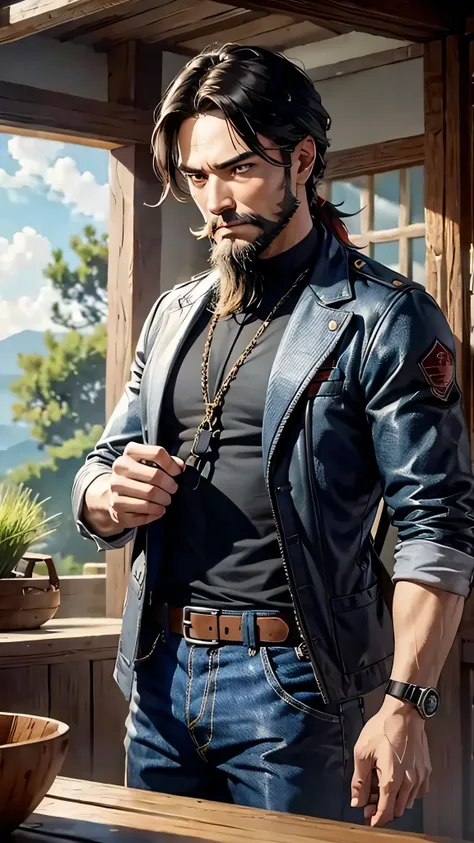 最high quality、Best image quality、masterpiece、male((40 years old、Slender、Lazy beard、With an assault rifle、White shirt、Red eyes、all back、Black Hair、Fighting Pose、Black rider jacket、Blue denim trousers、Black rucksack、Beard、Show the whole body)）high quality、Be...