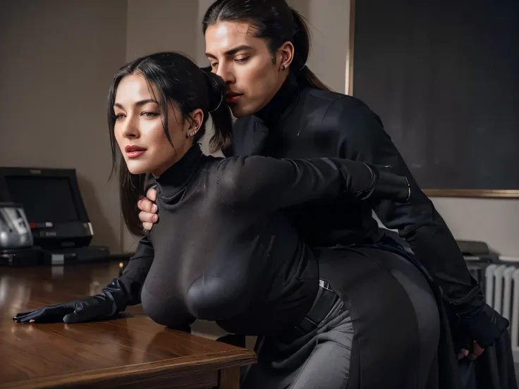 photo of a man fucking in the ass a soaked and sweaty completly clothed horny gay prime minister of parliament woman with a sensual smile eyes closed eyes rolling back bent over her desk whit a man on top of her penetrating her ass, his hands are wrapped a...