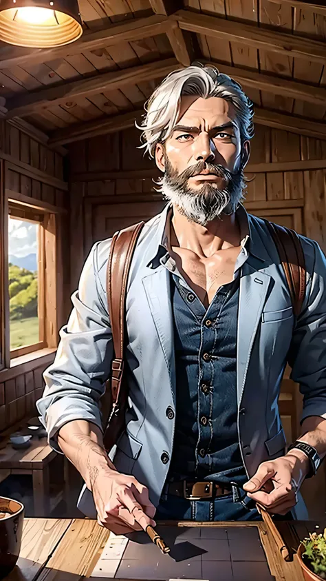 最high quality、Best image quality、masterpiece、male((40 years old、Slender、Lazy beard、With an assault rifle、White shirt、Red eyes、all back、Gray Hair、Chew a cigar、Black rider jacket、Blue denim trousers、Black rucksack、Beard、Show the whole body)）high quality、Beau...