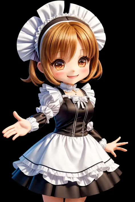 A chibi-style anime girl wearing a classic maid outfit, including a black dress with white apron, white headband, and frilled accessories. She is smiling warmly and waving as if greeting someone, with a cheerful expression. The background is simple, light-...